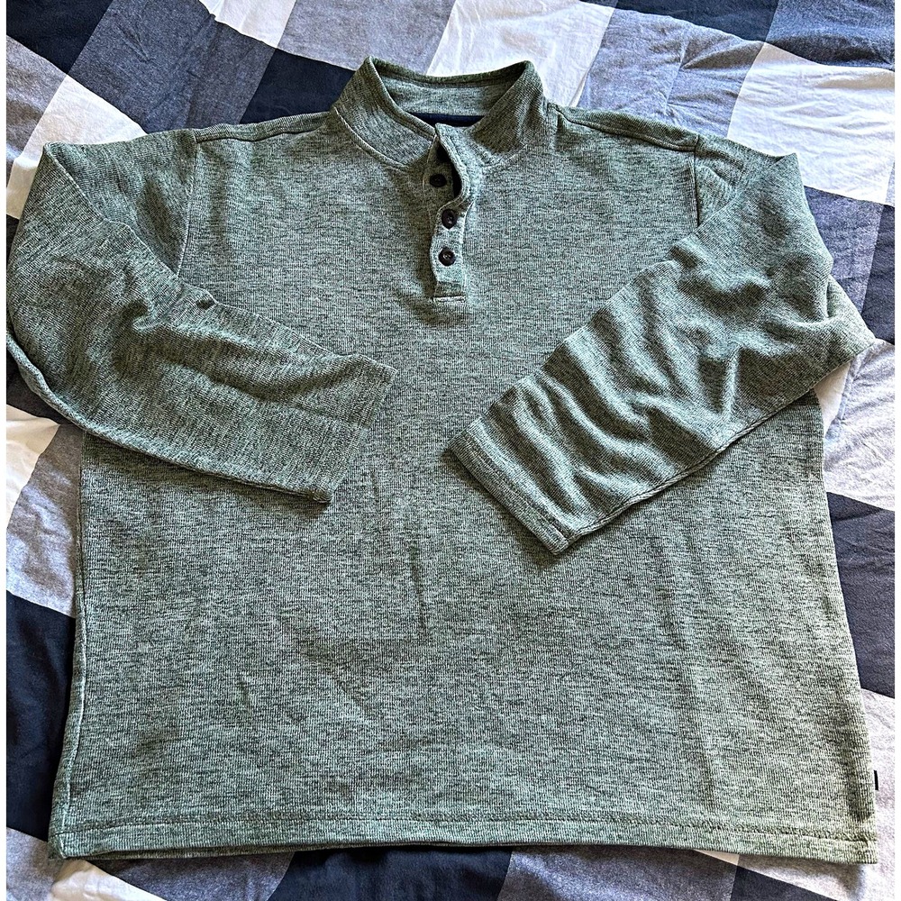 Gap Men's XL Green Solid Knit Henley Mock Neck Pullover Sweater, Button